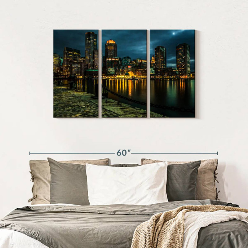 «Boston Skyline At Night», reproduction d'art sur toile, H 45 po x l 28 po x P 1,25 po