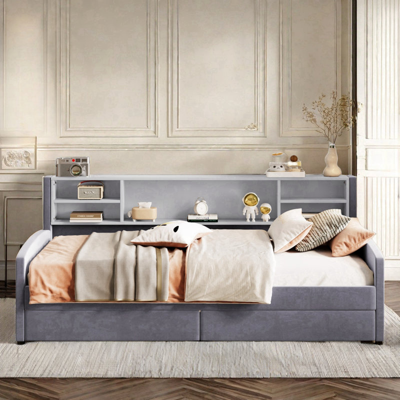 Lit plateforme tapissier avec tablettes de rangement et 2 tiroirs Daneida, gris