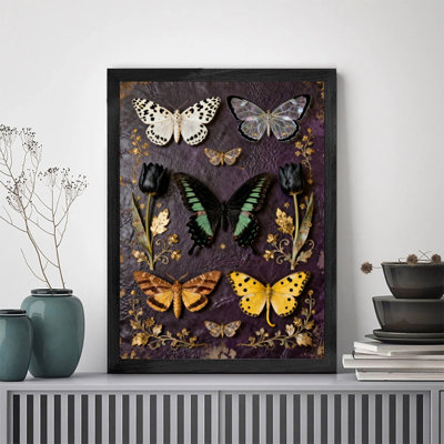 Black Framed Gothic Butterfly & Floral Wall Art, Vintage Dark Whimsical Frame Print