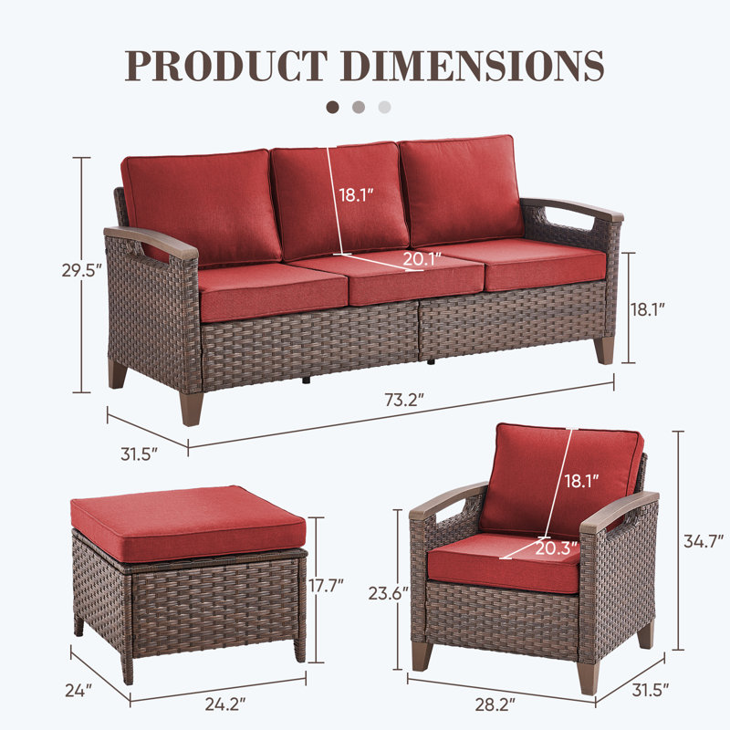 Arundel 7-9 Person Outdoor Courtyard Wicker Family Conversation Set Group With 4 Armchairs, Red