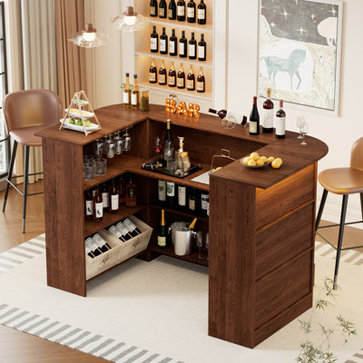Home Unit Bar Cabinet With Led Light & Stemware Holders, 3 Tier Liquor Bar Wooden Storage Cabinet, Modern U-shaped Liquor Table Cabinet For Living Roo by Hokku Designs