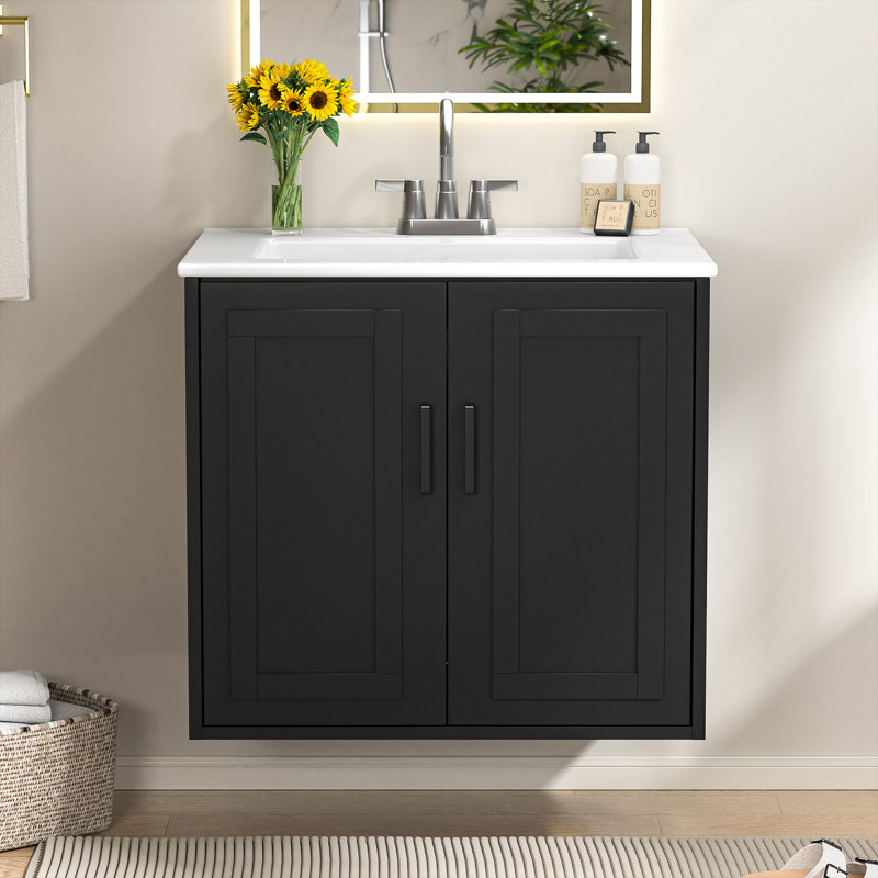Stylish 24" Wall Mounted Single Floating Bathroom Vanity With Ceramic Sink