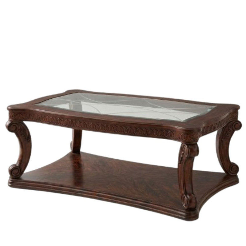 Zosia Table basse rectangulaire foncé en verre foncé avec sculptures complexes et tablette inférieure
