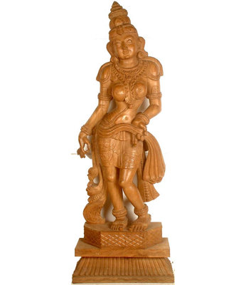 South Indian Temple Wood Carved Standing Nymph Statue, 44 in. Tall     Mythological Devotional Sculpture for Home Altar & Living Room