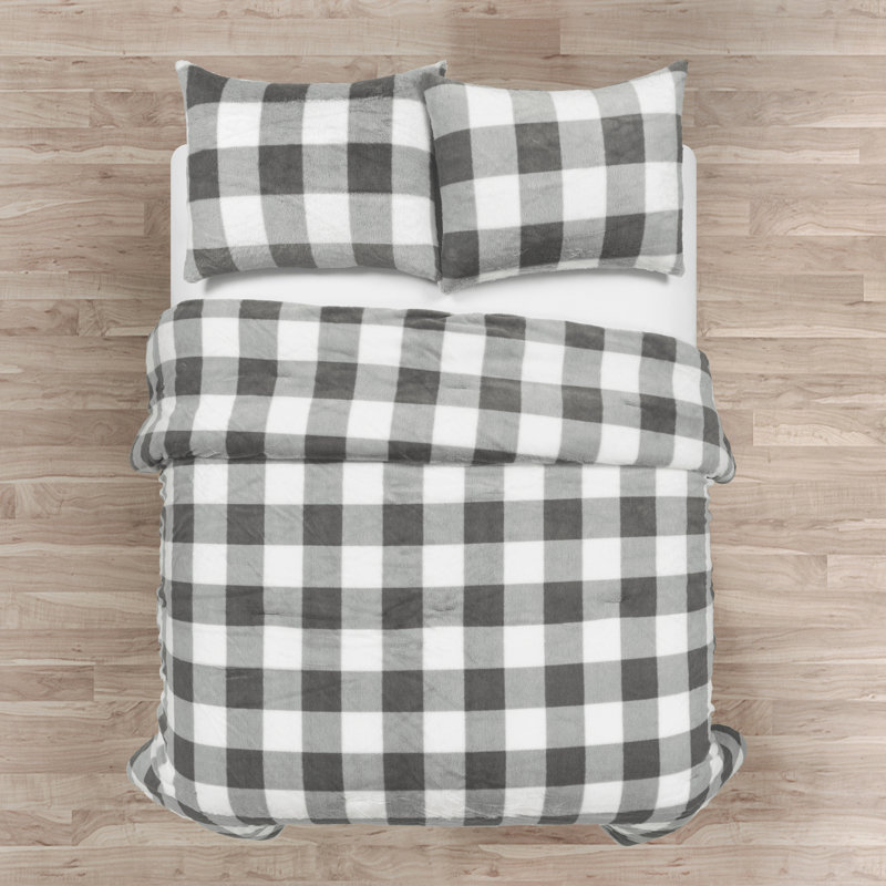 Light Gray Twin Plaid Faux Fur Comforter Set