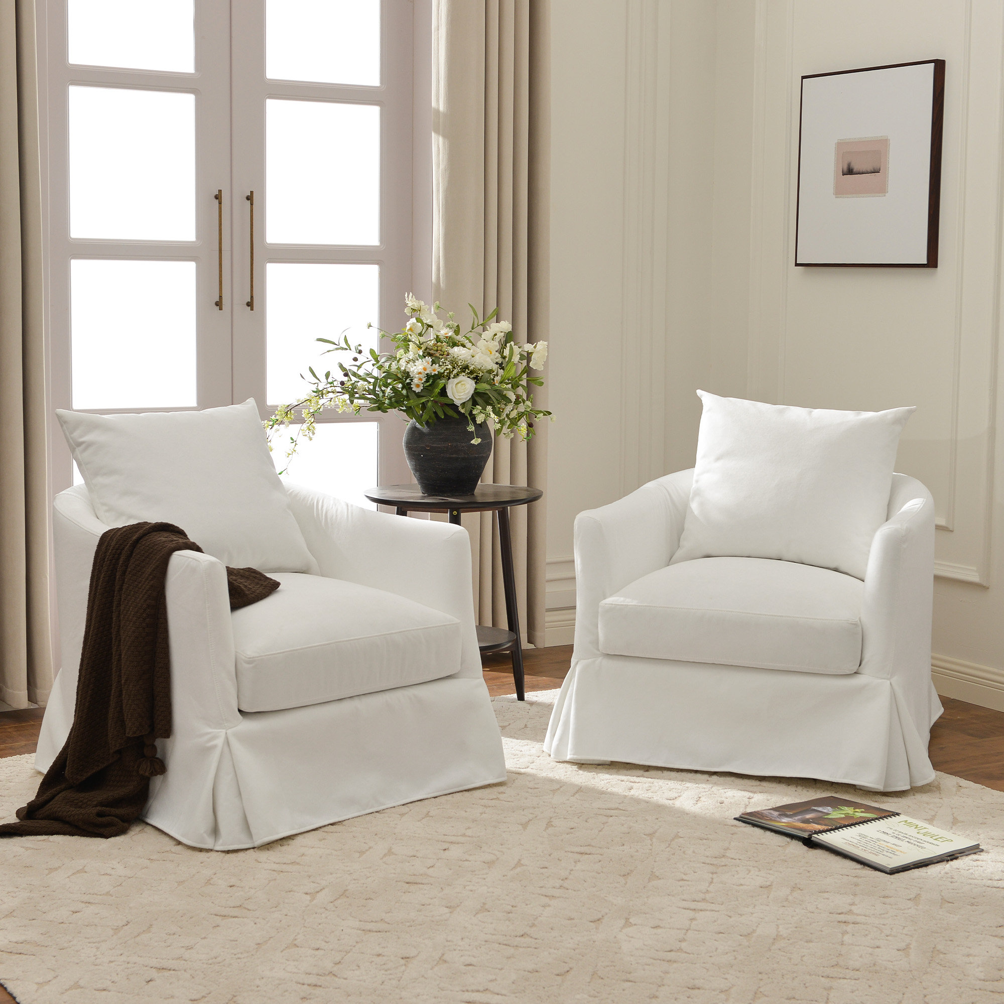 32" W Down Fill Upholstered Slipcover Swivel Barrel Chair with Pillow Back Set of 2 - Pearl White