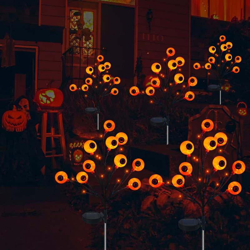 2 paquets de lumières solaires pour globe oculaire pour les décorations d'Halloween, 2 lumières solaires pour piquets d'Halloween, lumières solaires oranges et imperméables pour la cour de jardin