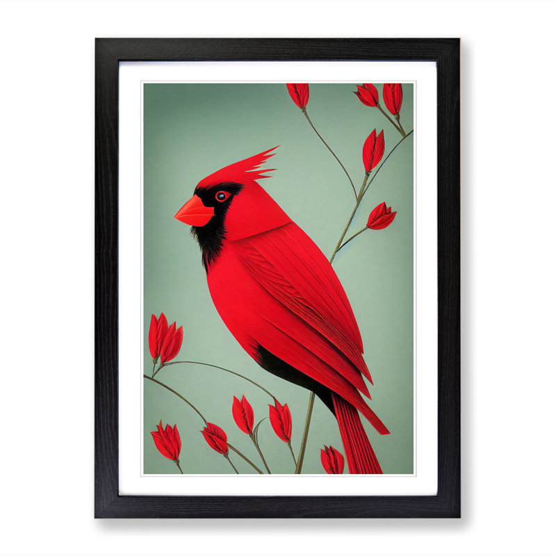 FRM-V0523-352X Cardinal Bird Deco Style - Single Picture Frame Print, 46cm H x 34cm W x 2cm D, Walnut Framed