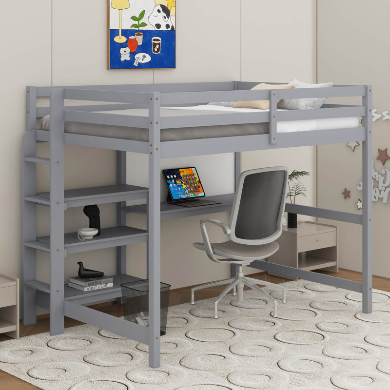 Lit mezzanine double en bois avec bureau, tablettes et tableau d'écriture