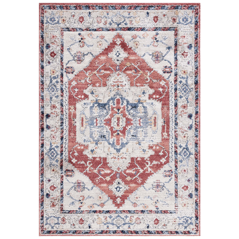 Tapis oriental en polypropylène tissé à la machine en beige / bleu / rouge Masias, Rectangle 5 pi 3 po x 7 pi 6 po