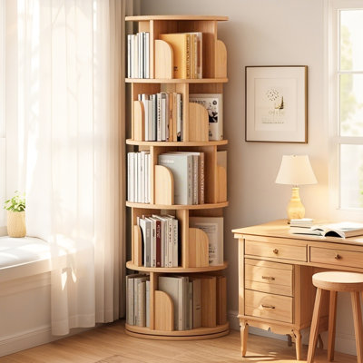 5 Tier 360 Rotating Round Spinning Bookshelf With Curved Edge, Wraparound Baffle And Ample Storage For Small Spaces In Bedroom, Office, Wood Color Display Double - Layer Base, Stable Edge