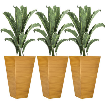 Ensemble de 3 grands pots de fleurs d'extérieur de 71 cm de hauteur, en plastique imitant le bois, de forme conique. Drainage et bouchon inclus. Pour jardin, terrasse et intérieur. Couleur : beige clair. Couleur : beige.