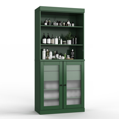 Armoire de salle de bain autoportante 100% bois massif 32 po avec portes en verre givré, 2 tiroirs et tablettes réglables - Rangement de salle de bain moderne