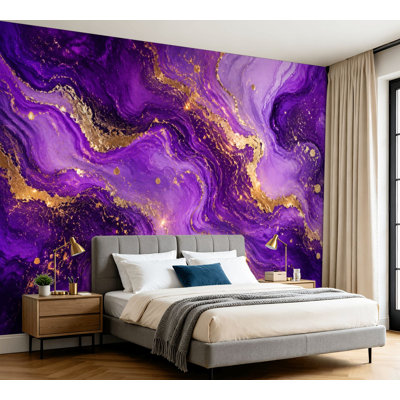 Wall Mural Peel and Stick Wallpaper Purple Gold Abstract Fluid Marble Design Self-Adhesive Removable Contact Paper Wall Decor for Living Room Bedroom 100"H x 144"W