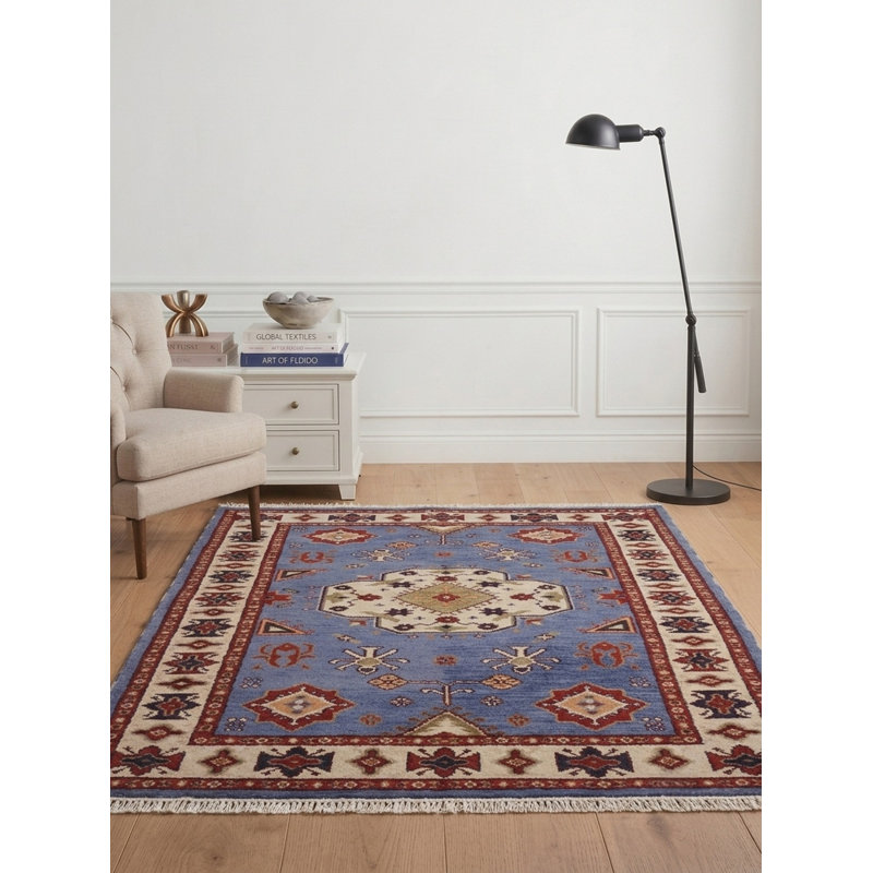 Tapis d'intérieur rectangulaire oriental fait main en soie et laine bleues et blanches, noué à la main