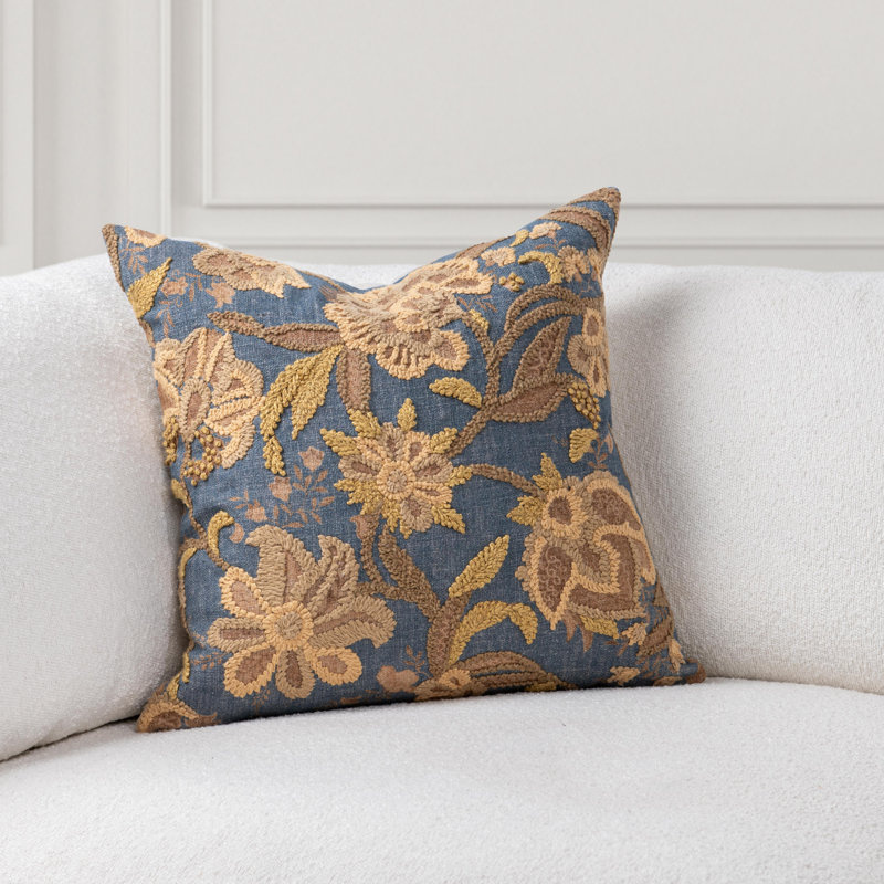 Anika Linen Blend Embroidered Throw Pillow, Blue Sea