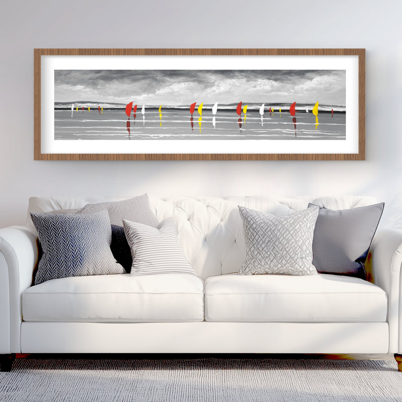 Voiliers sur le lac | Décor de chambre à coucher bord de mer encadré, H 20 po x l 60 po, Brun