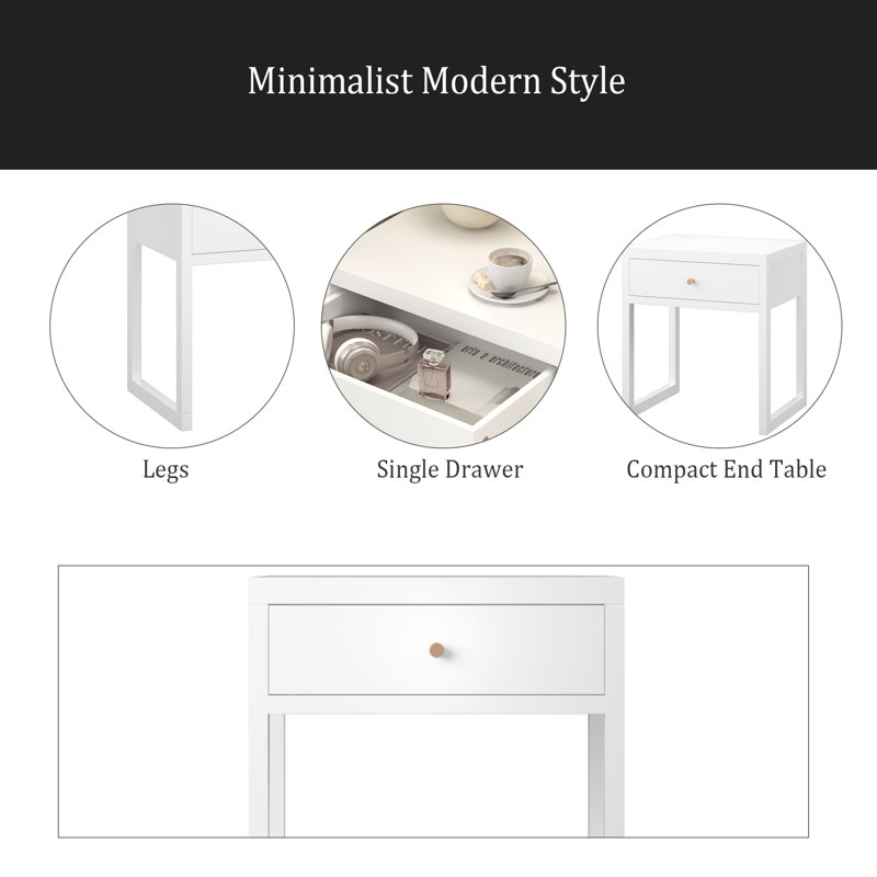 Modern Nightstand With Drawer, Minimalist Bedside Table With Wood Knob, Compact End Table For Bedroom, Apartment, Or Small Spaces, Easy Assembly
