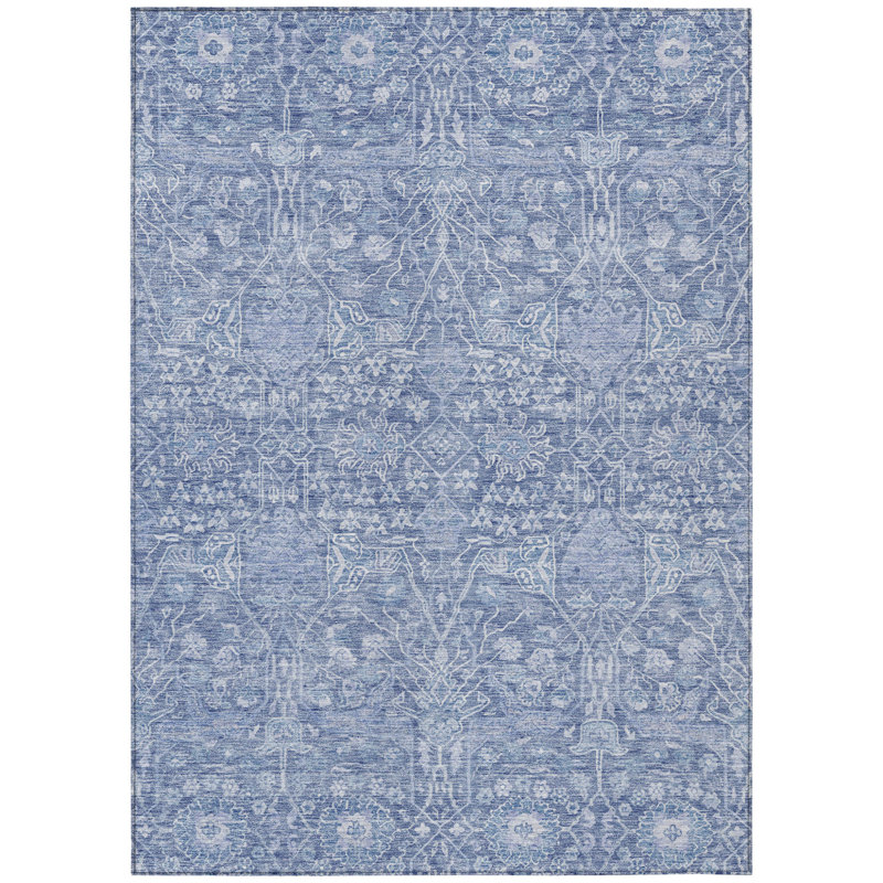 Tapis extérieur lavable floral bleu et ivoire 8 pi x 10 pi Denim
