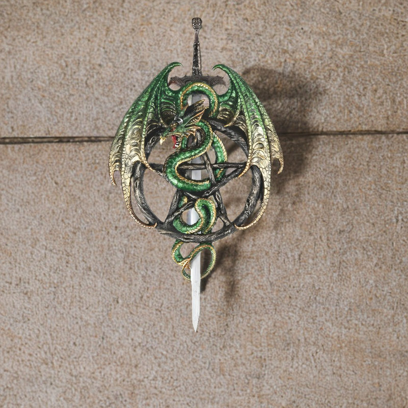 18"H Green Dragon with Sword Wall Plaque