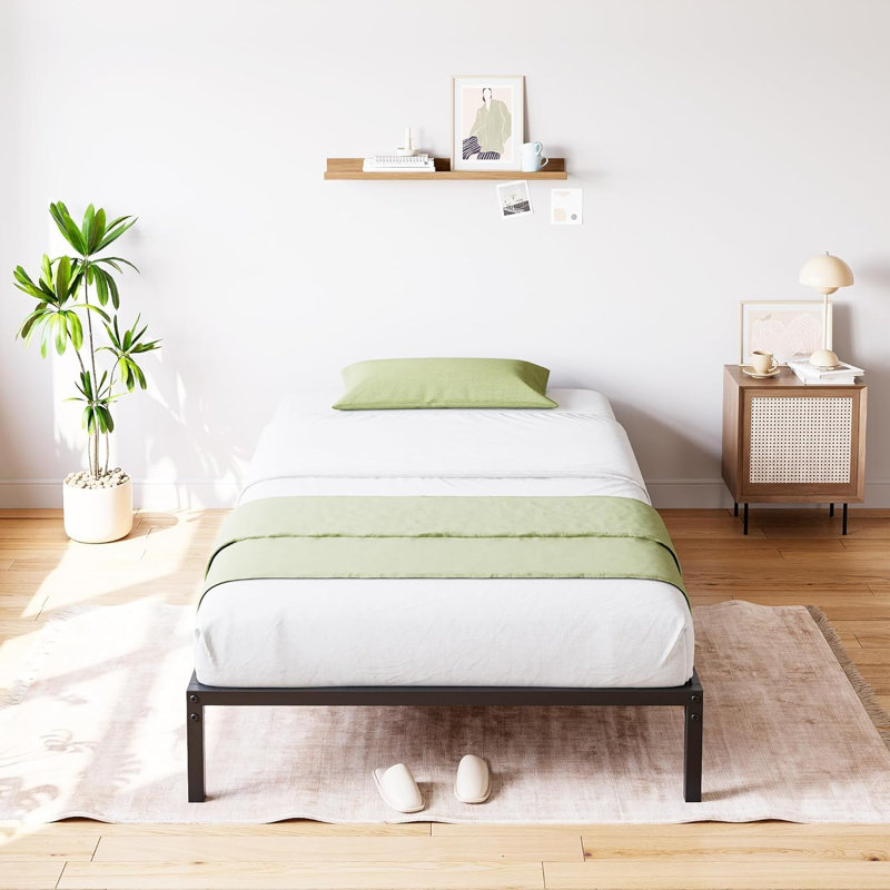 Garveehome Twin Size Metal Platform Bed Frame, Noise Free Anti-sliding Metal Slats, Heavy Duty Mattress Foundation with under Storage Space, 800LBS Capacity, No Box Spring Needed, Black