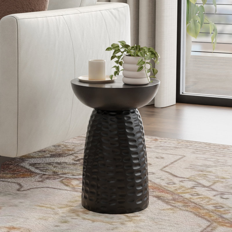 Solid Mango Wood Contemporary Accent Table with Textured Finish, Fully Assembled, Black