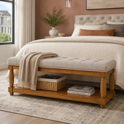Classic Transitional Style Upholstered Linen Storage Bench with Tufted Ottoman Seat Solid Wood Spindle Legs and Lower Shelf for Bedroom Entryway Living Room Accent Furniture