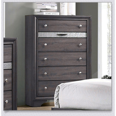 Commode 1 pièce de style gris à finition grise avec tiroir à bijoux caché, tiroirs à queue d'aronde anglaise et boutons argentés pour les chambres à coucher modernes