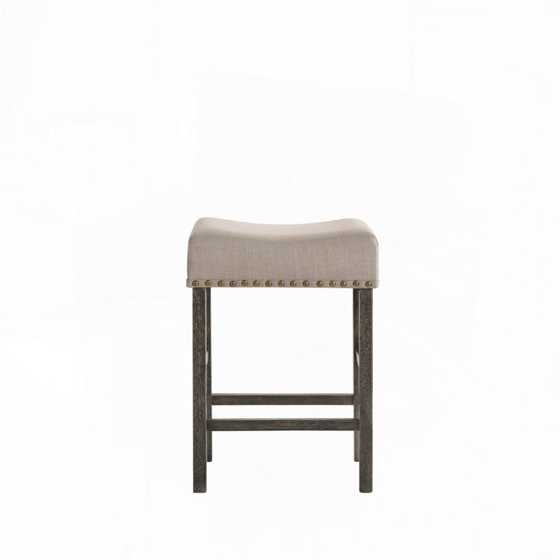 Linen Upholstered Bar Stools Set with No Back and Nailed Head, Gray