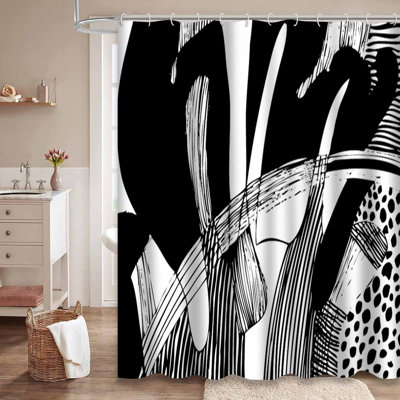 Abstract Black Art Modern White Shower Curtain with 12 Hooks