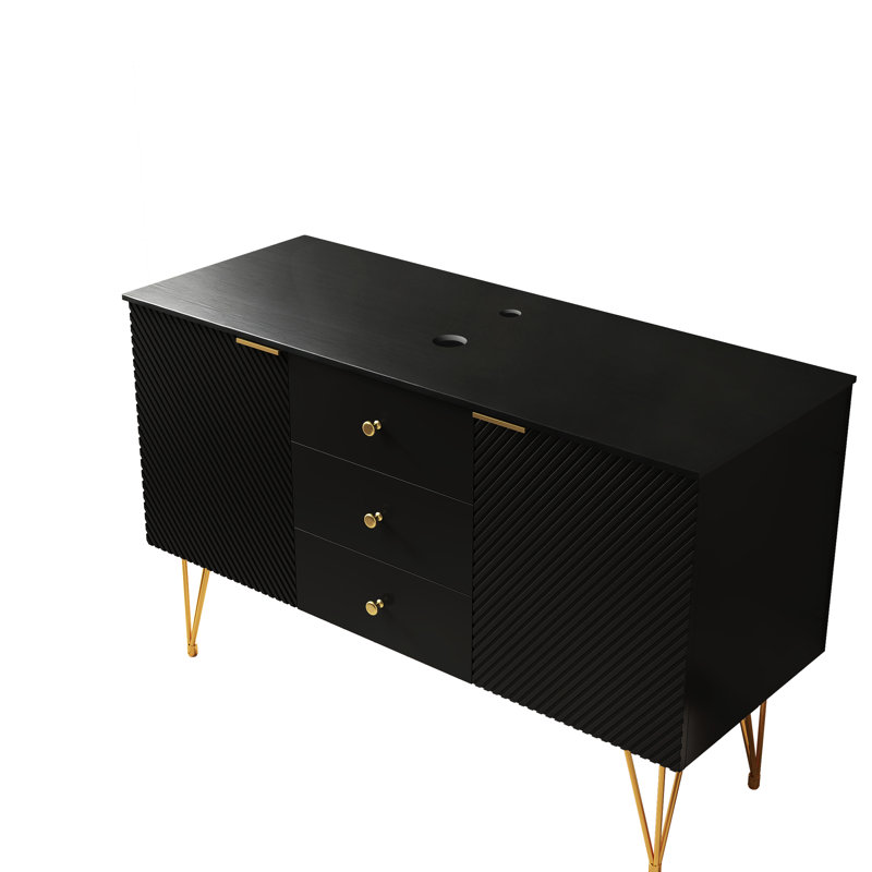 Armoire autoportante noire de 48 po, 3 tiroirs et 2 portes, plateau en pierre frittée, convient au rangement dans la salle de bain et aux compartiments en contreplaqué de 48 po pour plus d'espace.