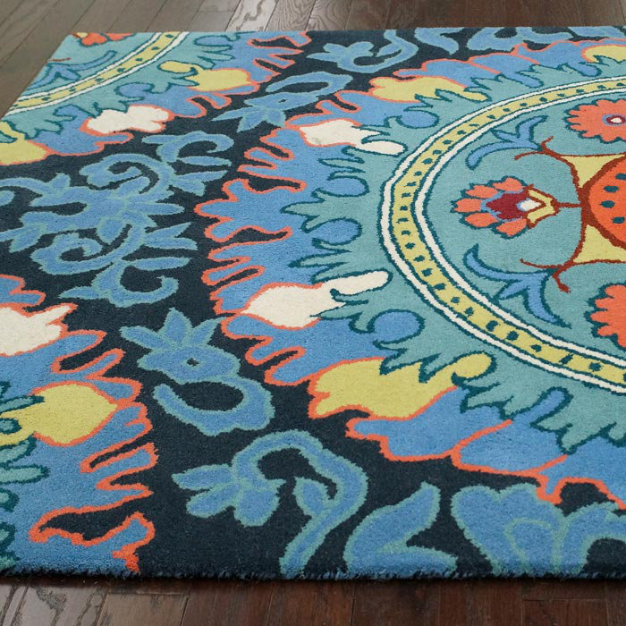Tapis bleu touffeté fait main oriental, Rectangle 7 pi 6 po x 9 pi 6 po