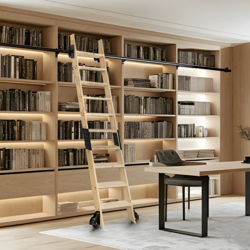 Escabeau de bibliothèque coulissant en bois de pin naturel avec quincaillerie pour échelle roulante, 78.8", 9'