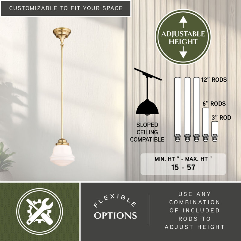 Margaree 1-Light Dimmable Schoolhouse Pendant, White Milk Glass, Natural Brass