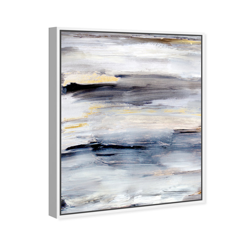 Modern Gray Brush Stroke Painting Print, 21" H x 18" W, White Floater Framed