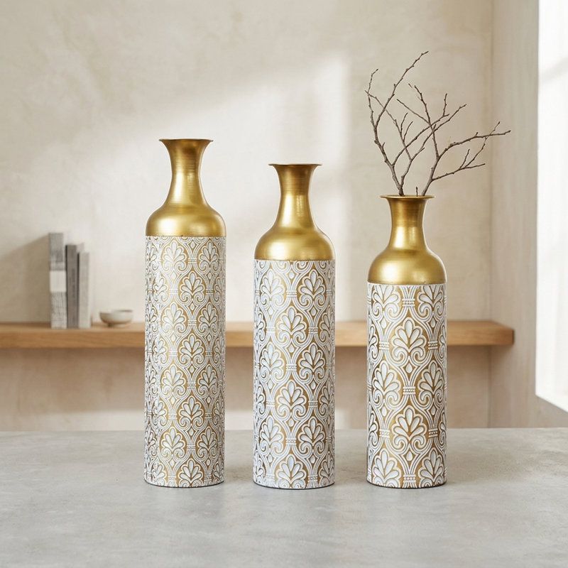 Ensemble de 3 vases à fleurs en métal doré blanc pour décoration moderne luxueuse
