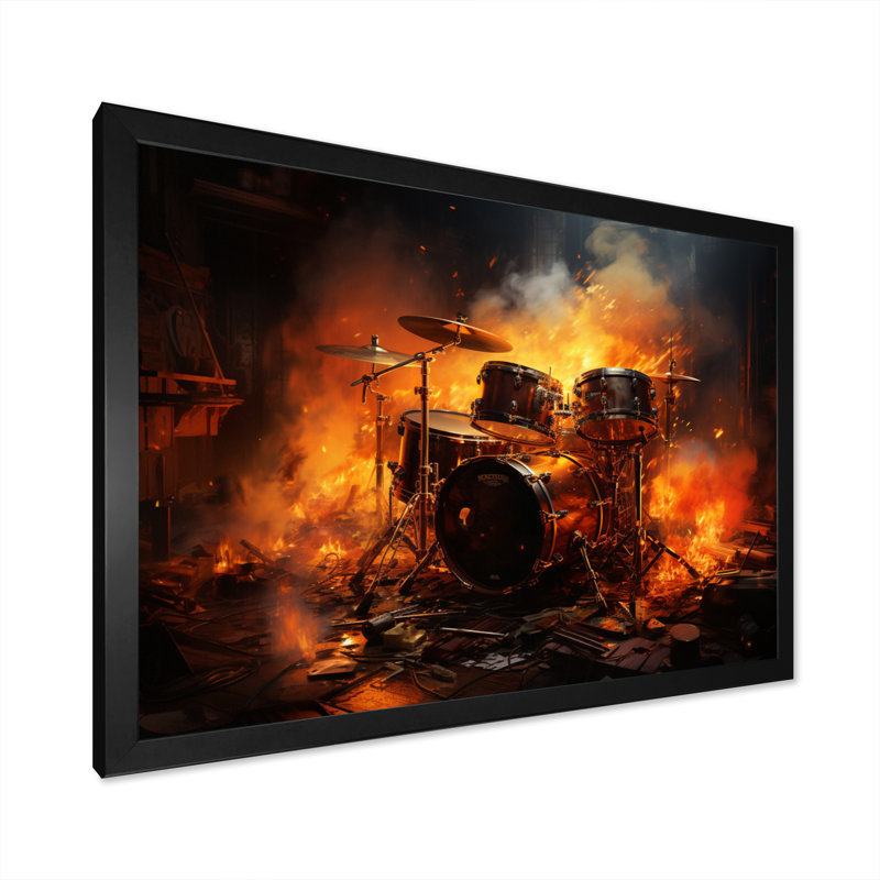 " Orange Black Fire Drums Tools Music I ", H 34 po x l 44 po x P 1,5 po, Cadre simple noir