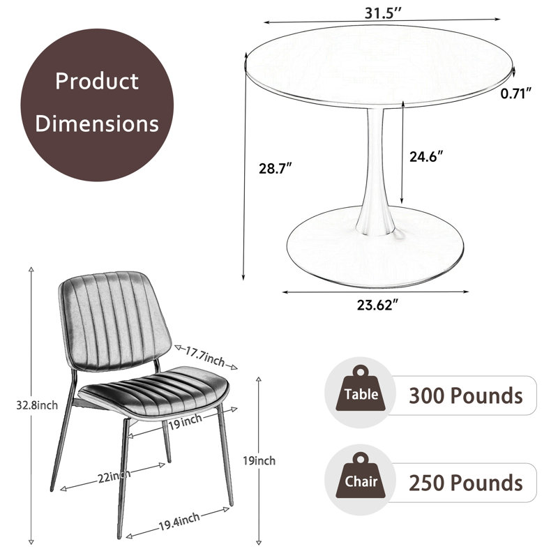 Modern Round 3 Piece Dining Room Table and Chairs Set, White, Beige, White