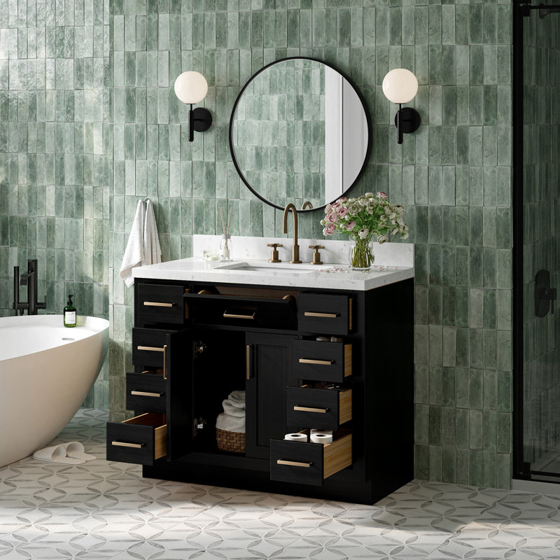 Meuble-lavabo simple en bois massif 42 po avec plateau en quartz Carrara de 1,5 po Thornaby, Forme rectangulaire