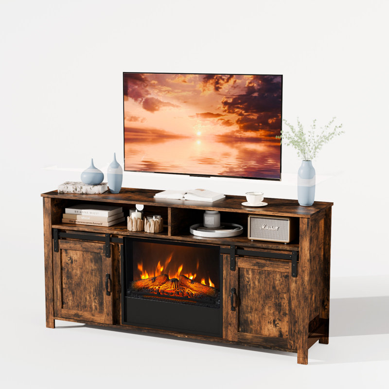Rustic Brown Hanady For 70 Inch Tv Farmhouse Entertainment Center with Electric Fireplace Included
