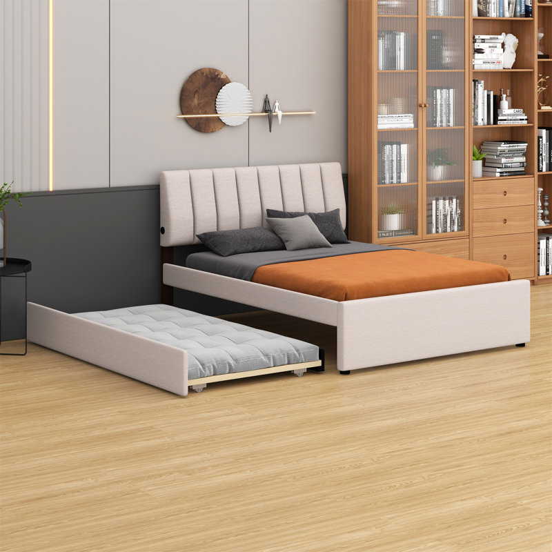 Lit plateforme tapissier avec lit gigogne, Beige