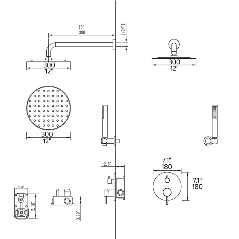 Système de douche complet avec valve brute et pomme de douche ronde 12 po, Noir mat
