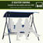 3 balançoires de patio avec auvent réglable et support robuste. Chaise d'extérieur bleu foncé pour le jardin, le patio ou la piscine. Structure en acier, capacité de 528 lb. 67,63 po de longueur x 43,07 po de largeur et 61,74 po de hauteur.