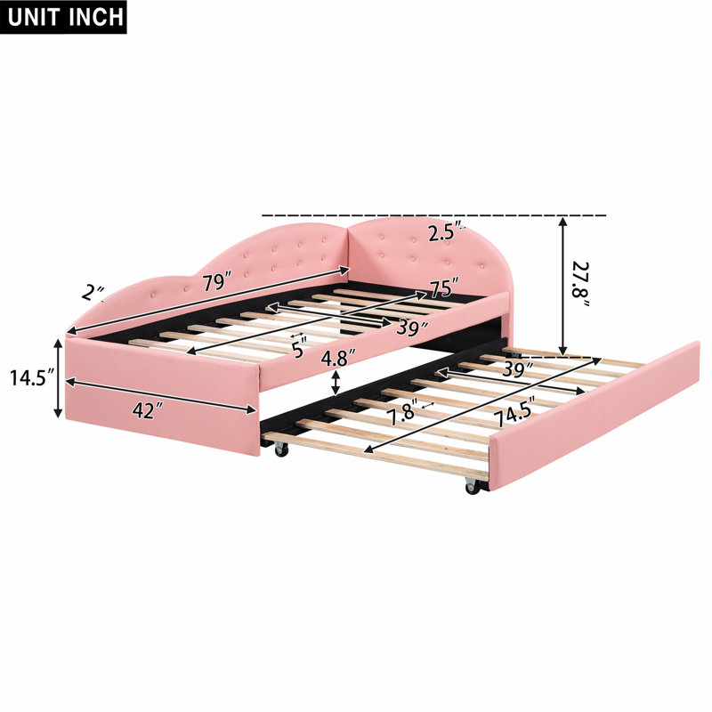 Charming Tufted Daybed with Trundle and Guardrail for Versatile Use, Pink