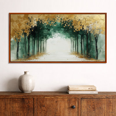 «Green Gold Dreamy Tree Forest Pathway - Green Moody Large Wall Art, Serene», reproduction d'art sur toile encadrée