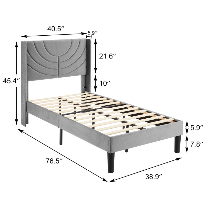 Rehnuma Twin Bed Upholstered Platform with Headboard and Strong Wooden Slats, Gray