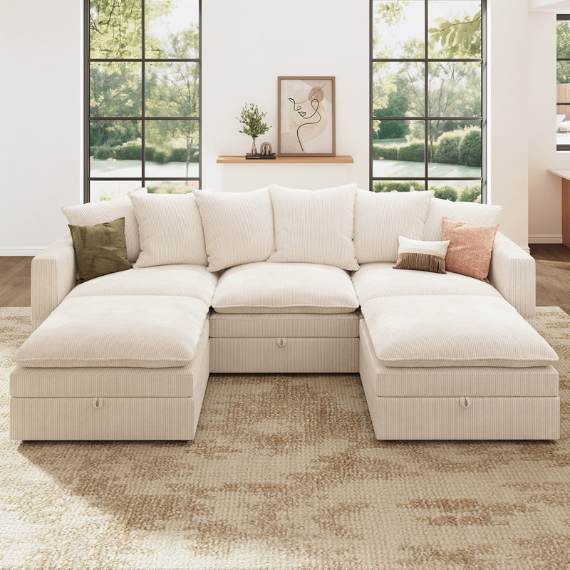 U-Shaped Corduroy Modular Sectional with Storage , Beige Corduroy
