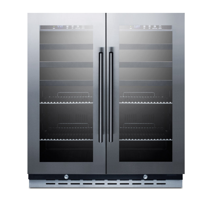 Elegant 33 Bottle Dual Zone Wine and Craft Beer Refrigerator with French Door Swing