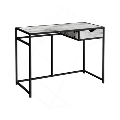 Bureau d'ordinateur, bureau personnel, ordinateur portable, tiroir de rangement, L 42 po, bureau, stratifié aspect marbre blanc, métal noir, contemporain, moderne