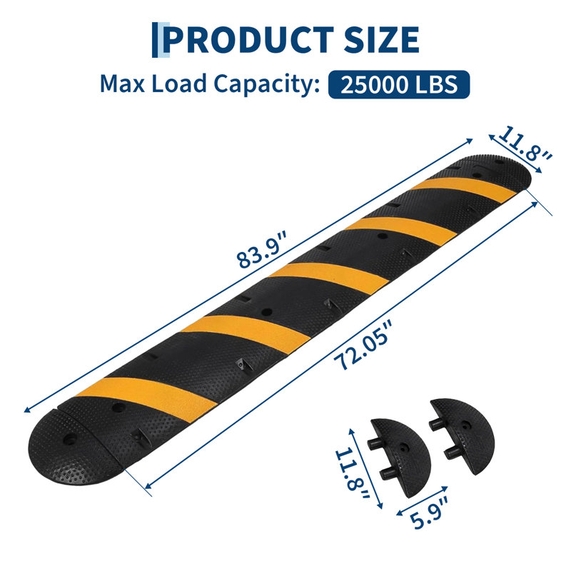 Ralentisseur 72 po en caoutchouc avec embouts, rampe de circulation robuste 25 000 lb